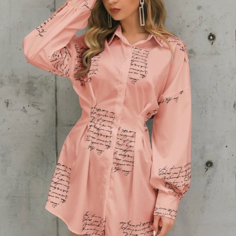 Graphic Button Up Pleated Shirt Dress- Pink
